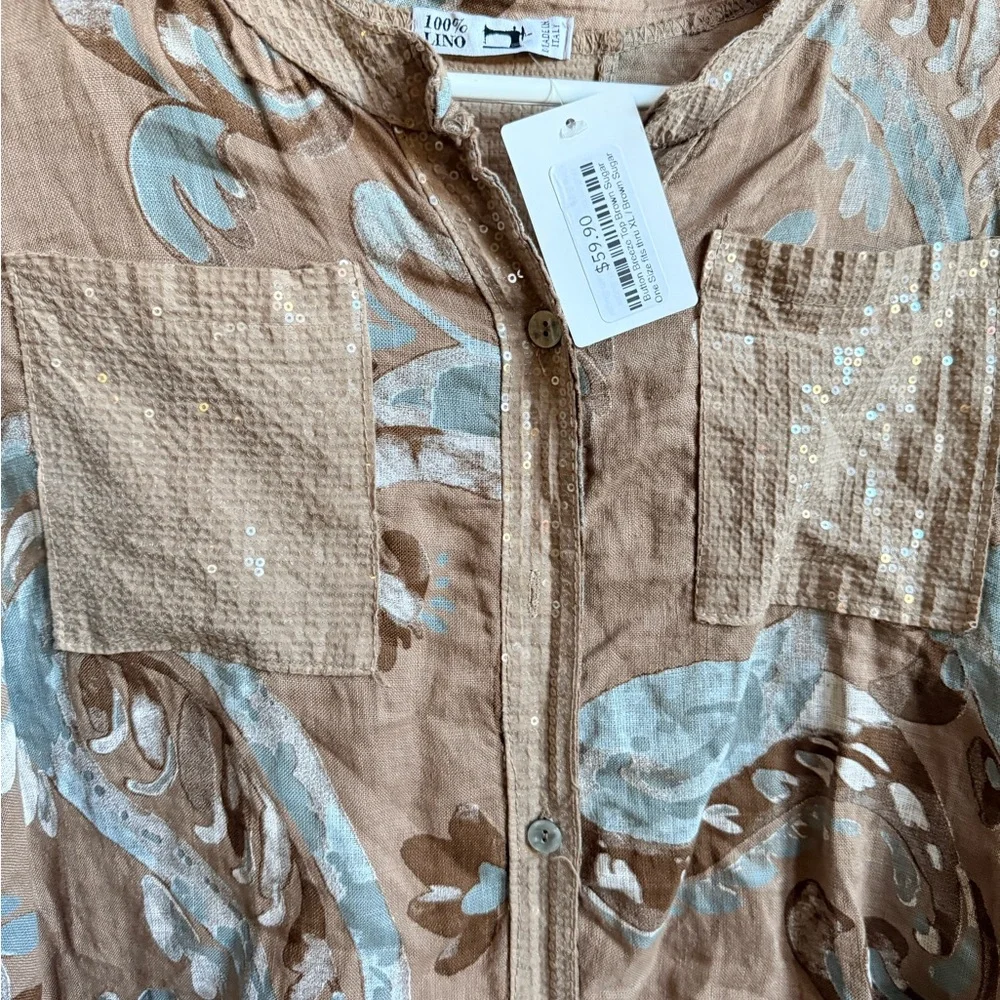 100% Lino NWT Button Breeze Top Brown Sugar One Size fits- XL 100% linen. - Picture 7 of 11